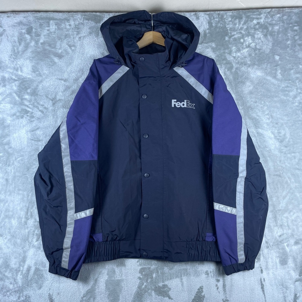 FedEx Hooded Jacket Men Large Blue Purple Reflective Stan Herman Federal Express
